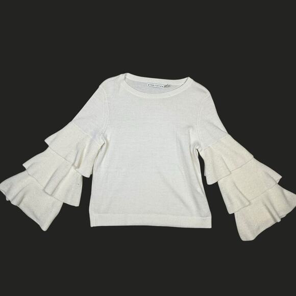 Alice + Olivia Cream Stora Wool Scoop Neck Sweater with Ruffle Bell Sleeves XS - Picture 2 of 8